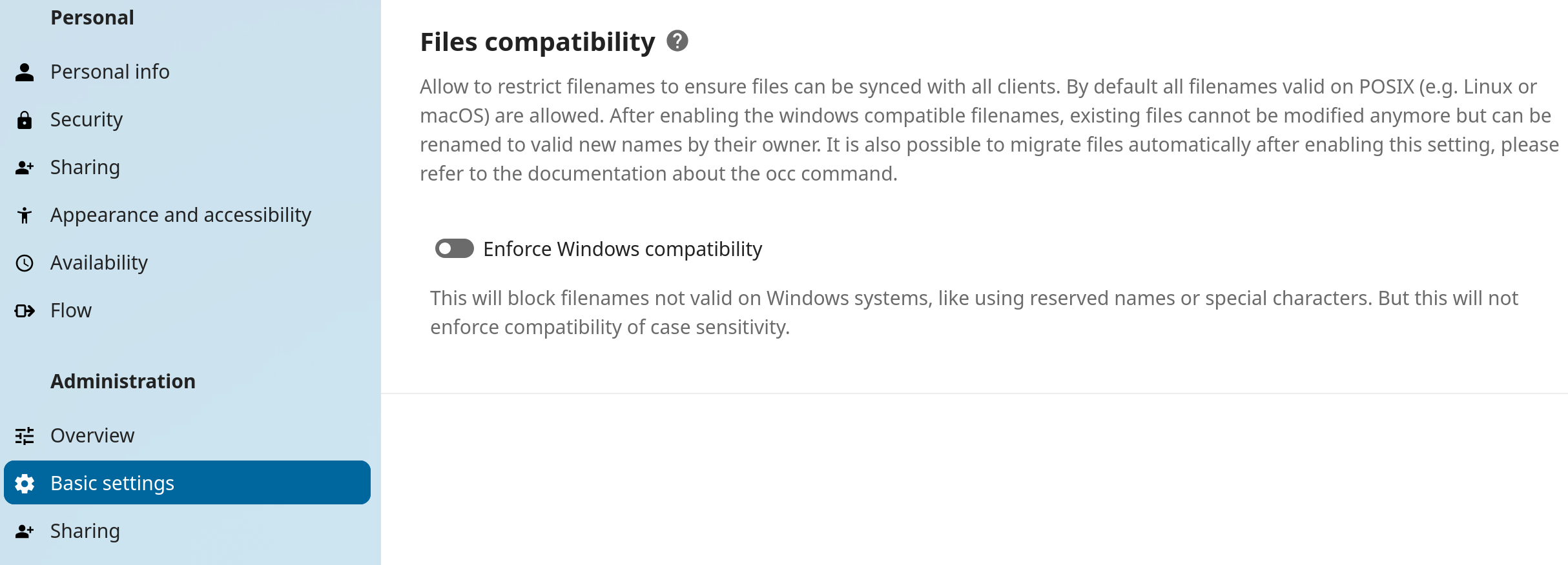 Enforce windows compatibility checkbox on the Administration - Basic settings - Files compatibility page.